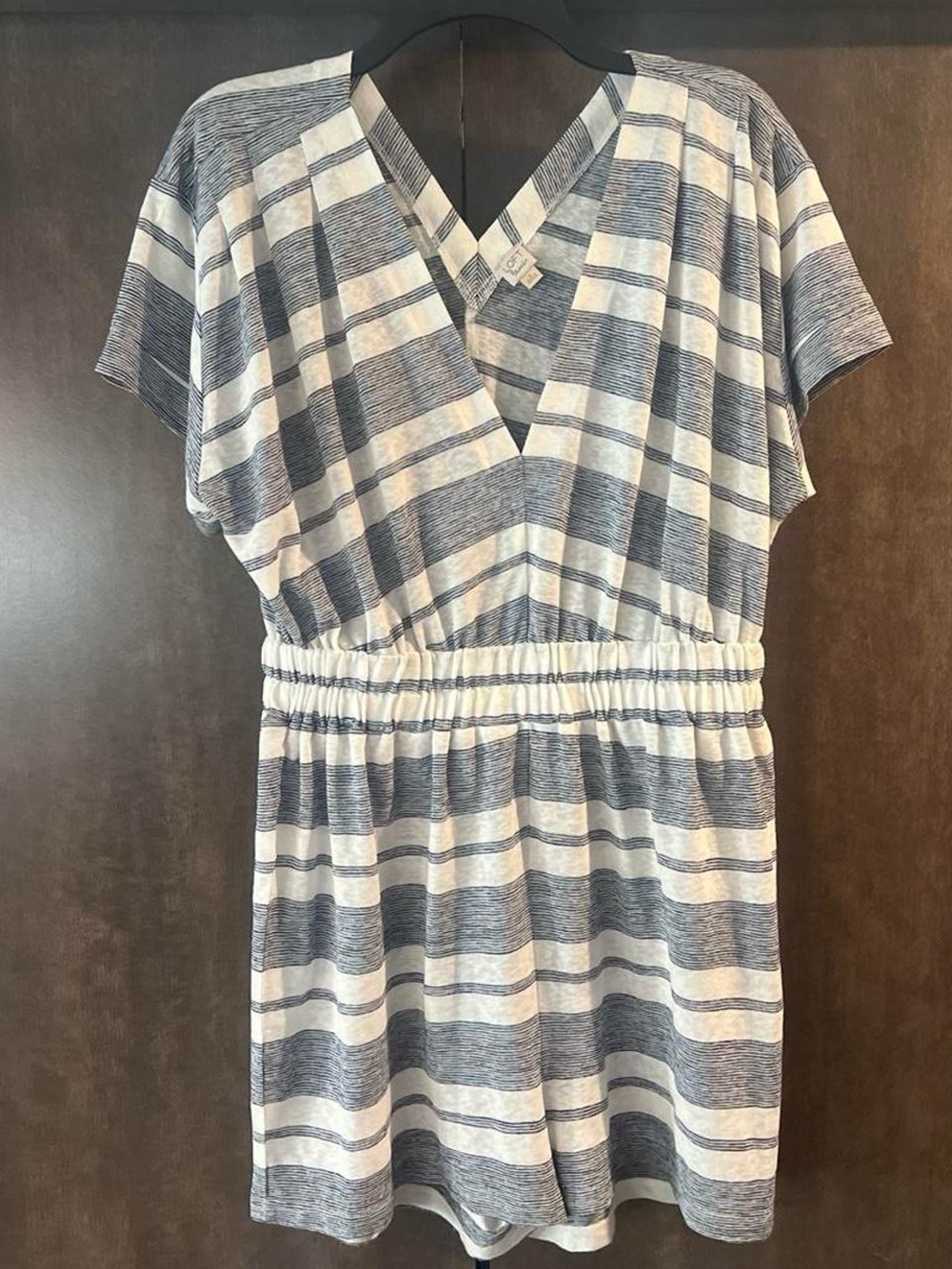 LOFT Gray and White Striped V-Neck Jumpsuit Romper
